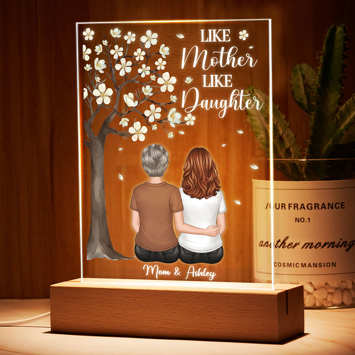 Mother Daughter Back View Under White Flower Tree Personalized Acrylic LED Night Light