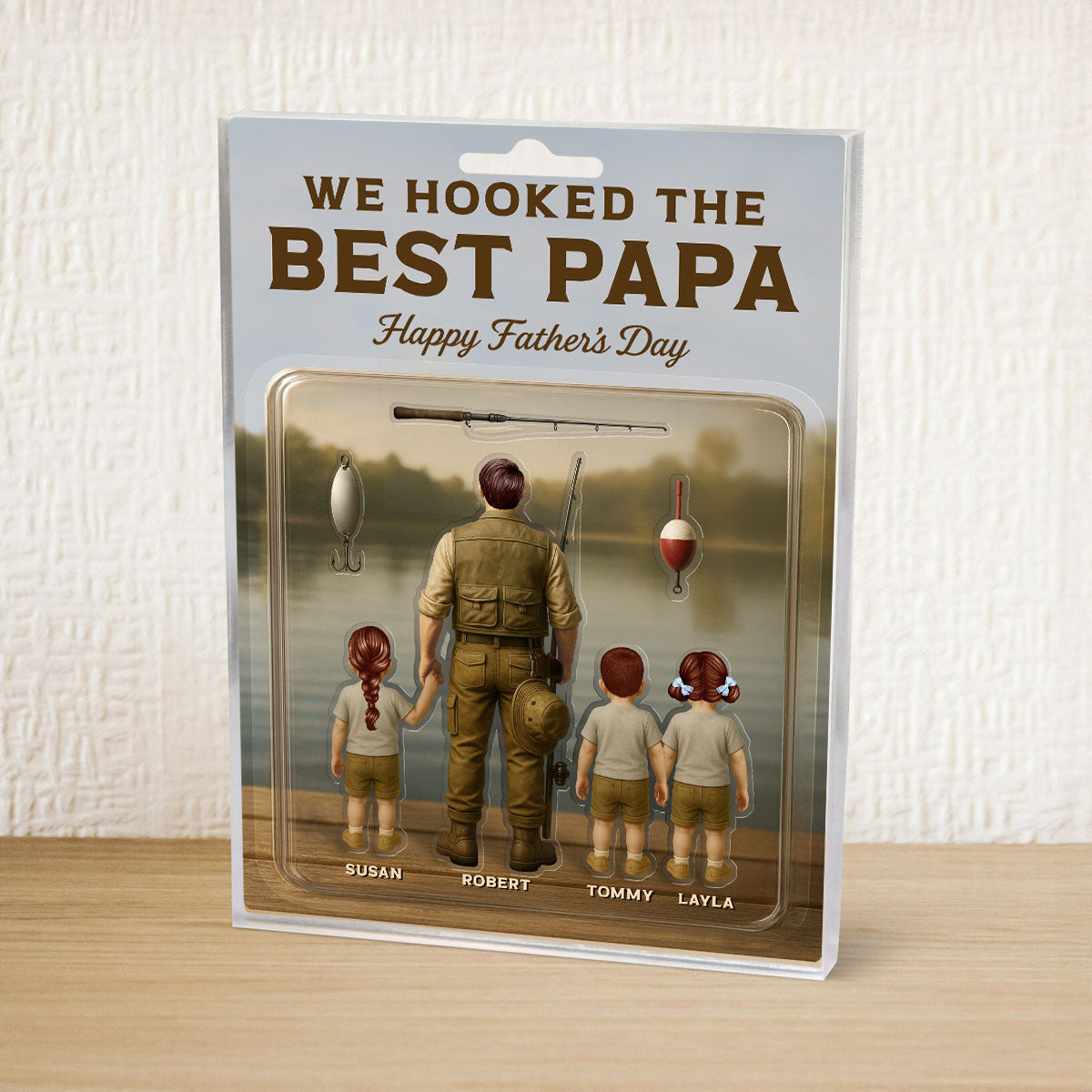 Dad And Kids Fishing Together Custom Figure Personalized Acrylic Block Plaque, Father's Day Gift For Fishing Dad, For Grandpa, For Husband