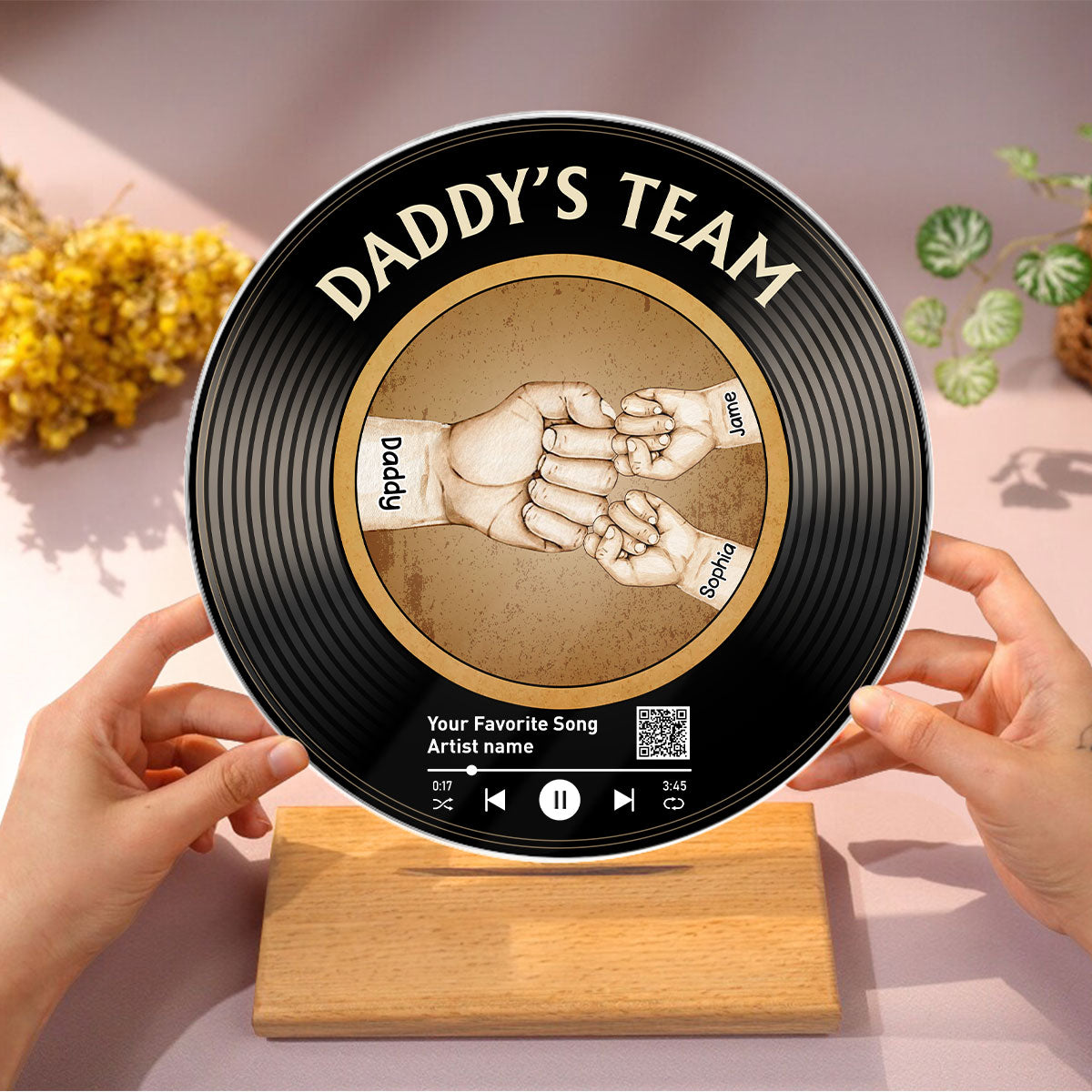 Daddy's Team Fist Bump Custom Vinyl Record Acrylic Song Plaque, Scannable QR Code, Personalized Birthday, Father's Day Gift for Dad