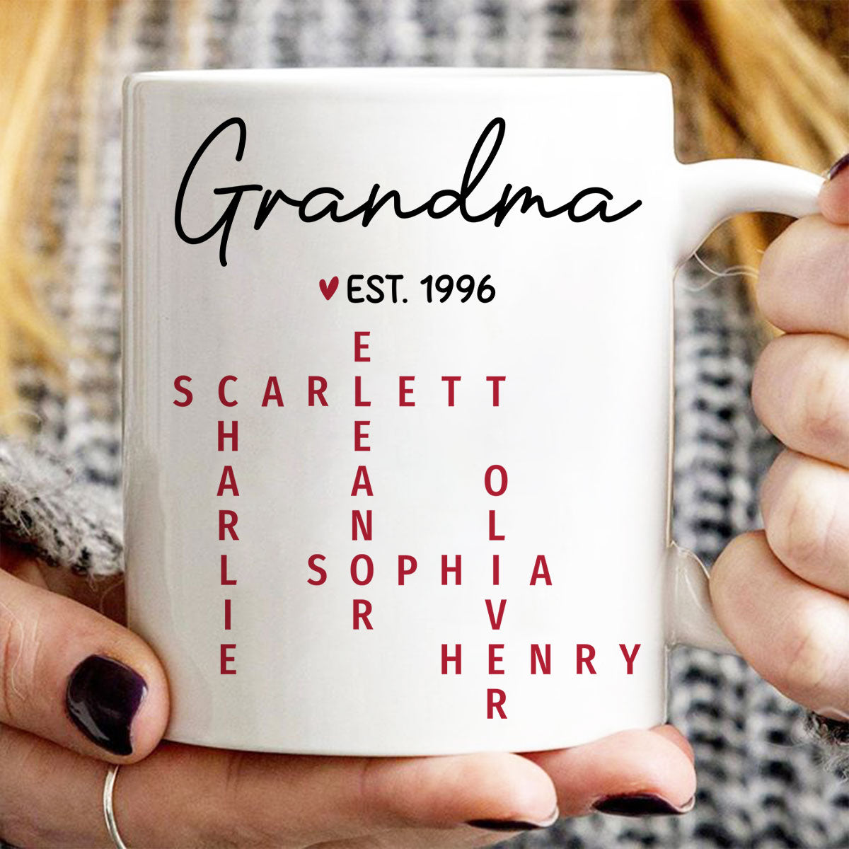 Grandma Est. Grandkids Names Crossword Puzzle Art Personalized Mug