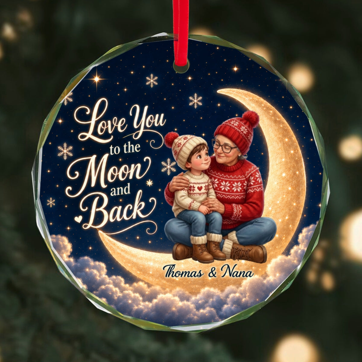 Love You To The Moon And Back Grandma Grandkid Portrait From Your Photo - Personalized Glass Ornament - Christmas Gift For Grandchildren
