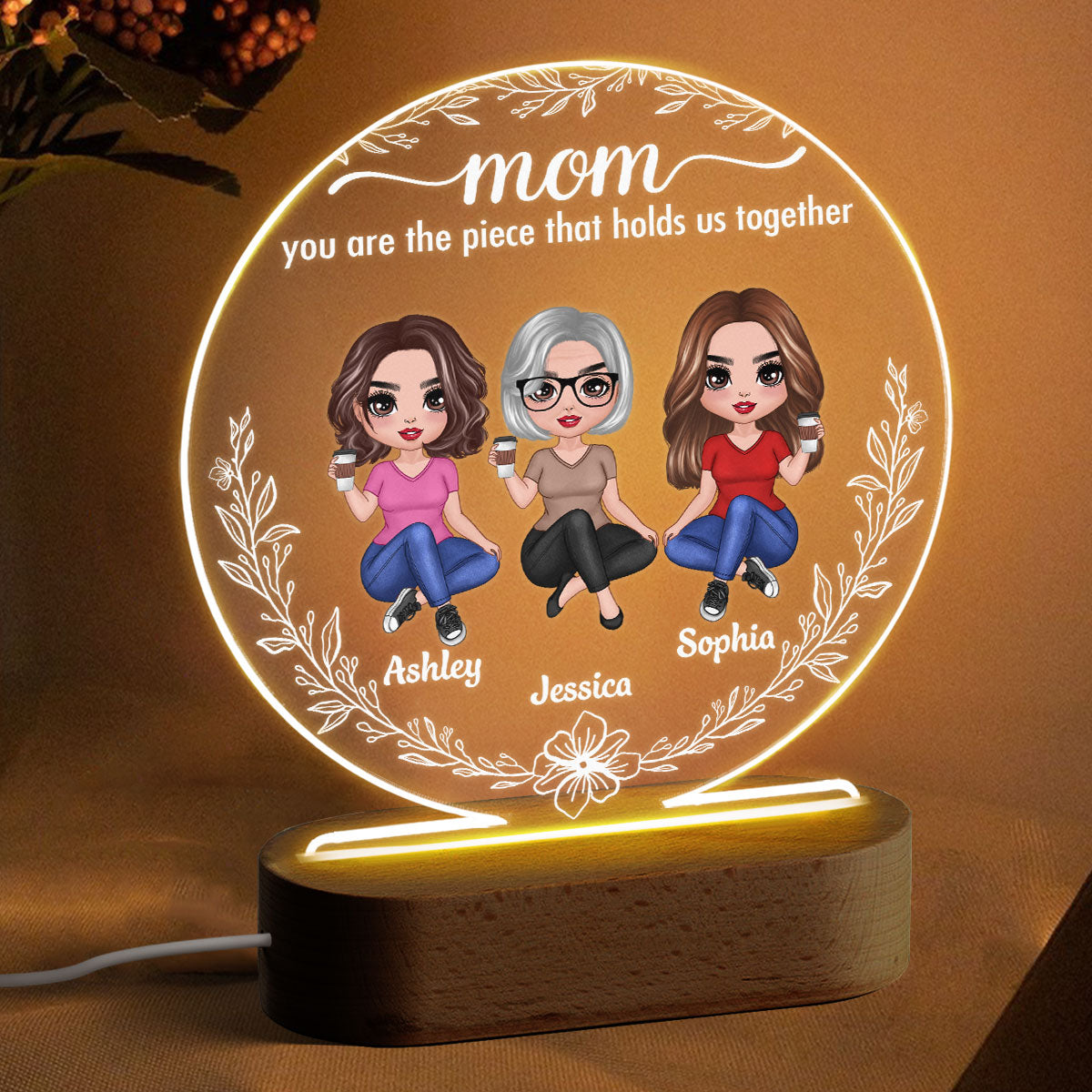 Doll Mother Daughters Simple Wreath Personalized Circle Plaque LED Night Light
