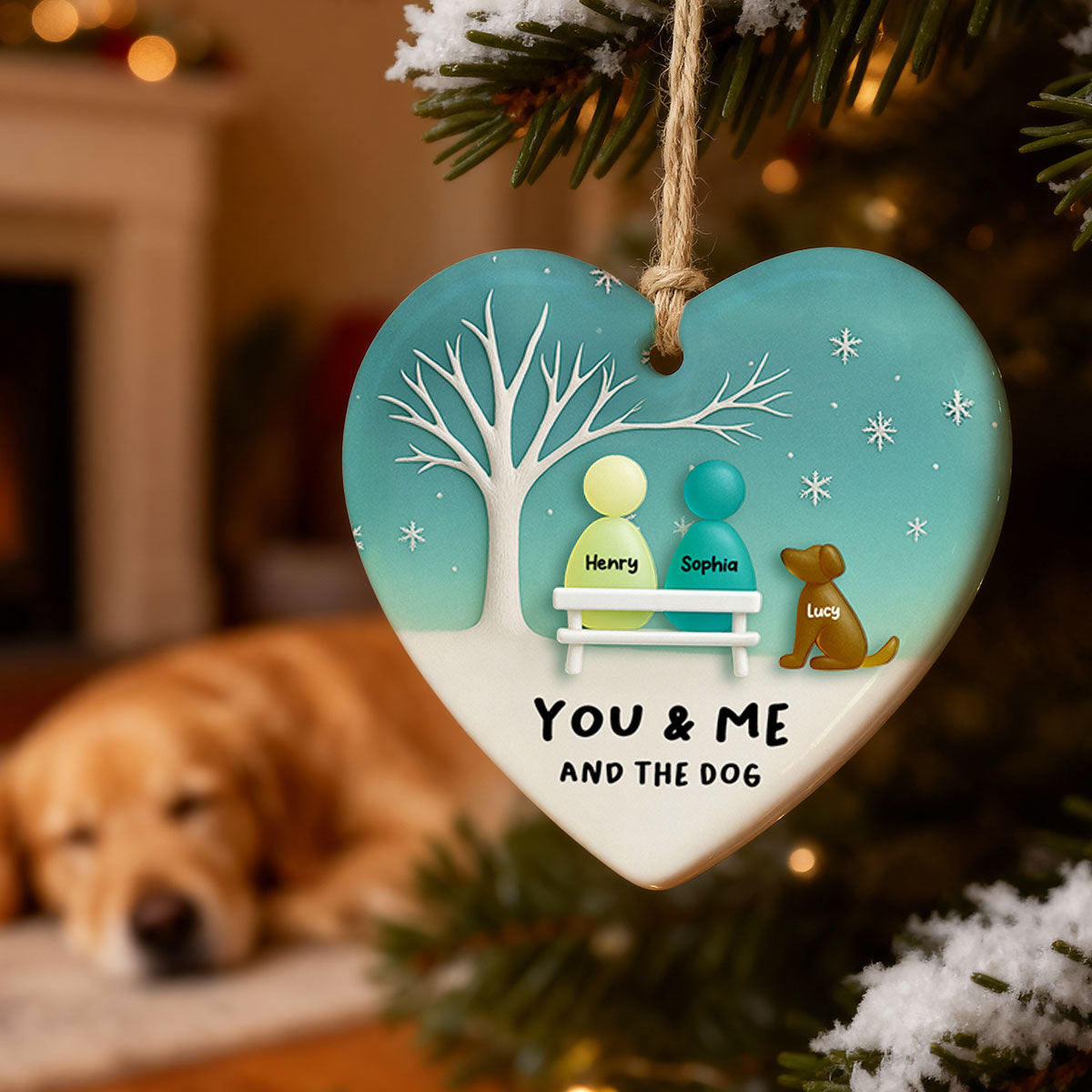 3D Effect Sea Glass Couple & the Dogs - Personalized Ceramic Ornament with Acrylic - Christmas Gift for him, Gift for her