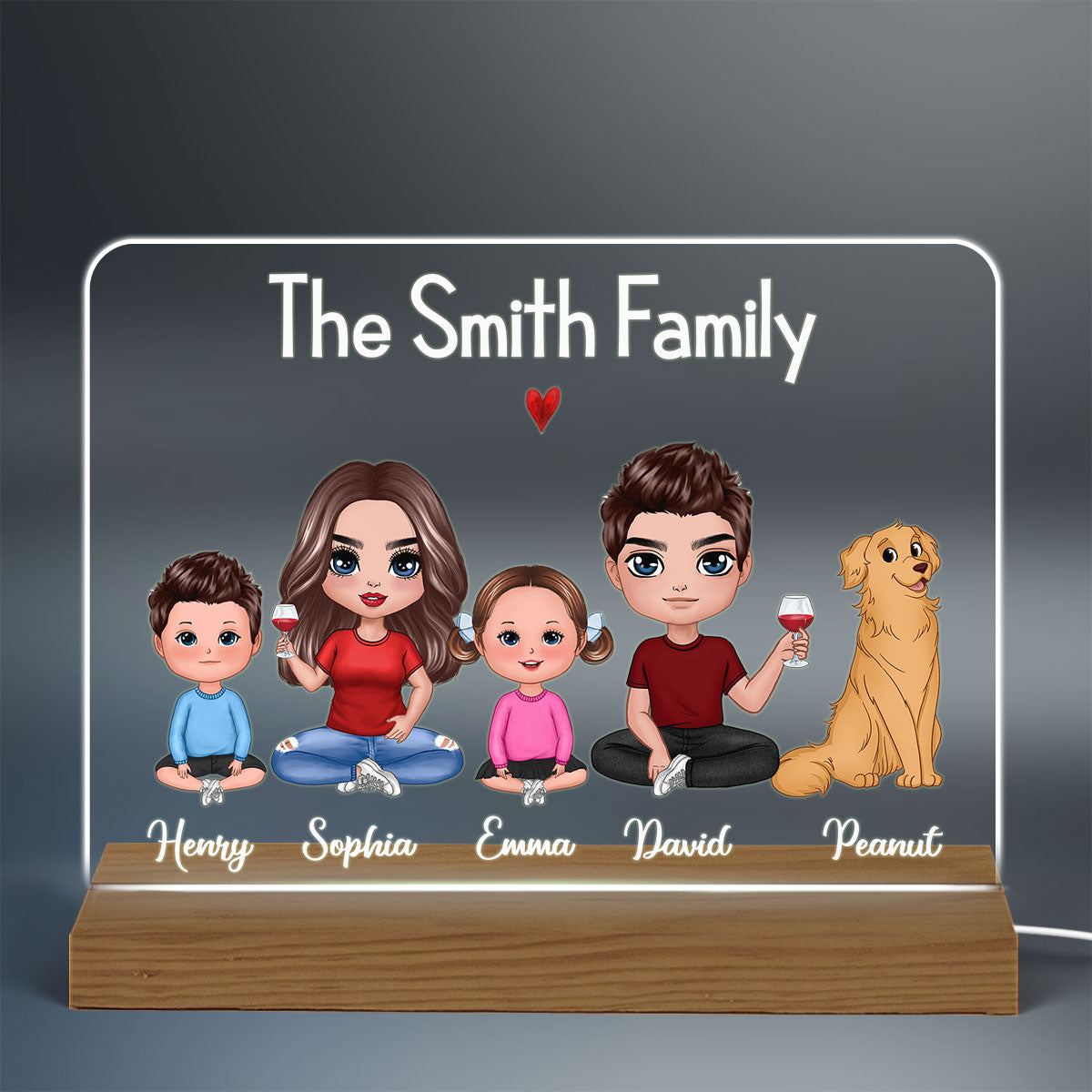 Whole Family Doll Couple Dad Mom Kids Dogs Cats Sitting Personalized Warm Custom Shape Acrylic Plaque LED Night Light
