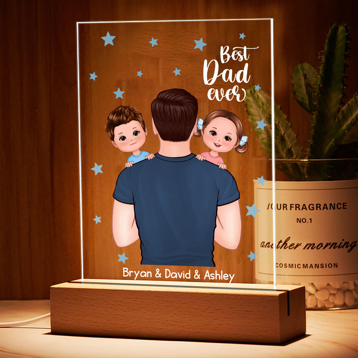 Best Dad Ever Holding Kids Blue Star Personalized Acrylic LED Night Light