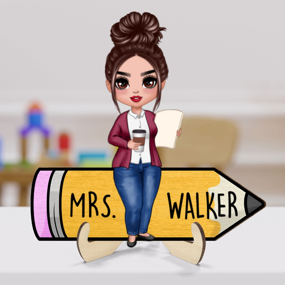 Doll Teacher Sitting On Pencil Personalized 2-Layer Wooden Plaque, Back To School Gift For Teacher, Teacher Appreciation Gift