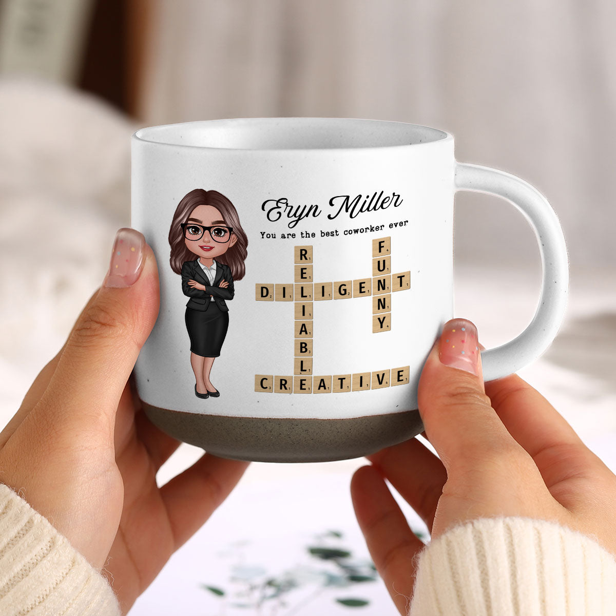 Coworker Crossword Art Personalized Pottery Mug, Thank You Gift for Coworker, Best Friend