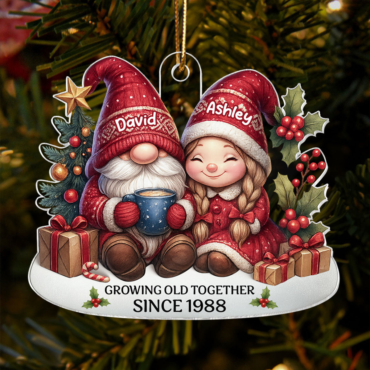 Gnome Couple Growing Old Together Personalized Acrylic Ornament, 3D Effect Ornament for Couples