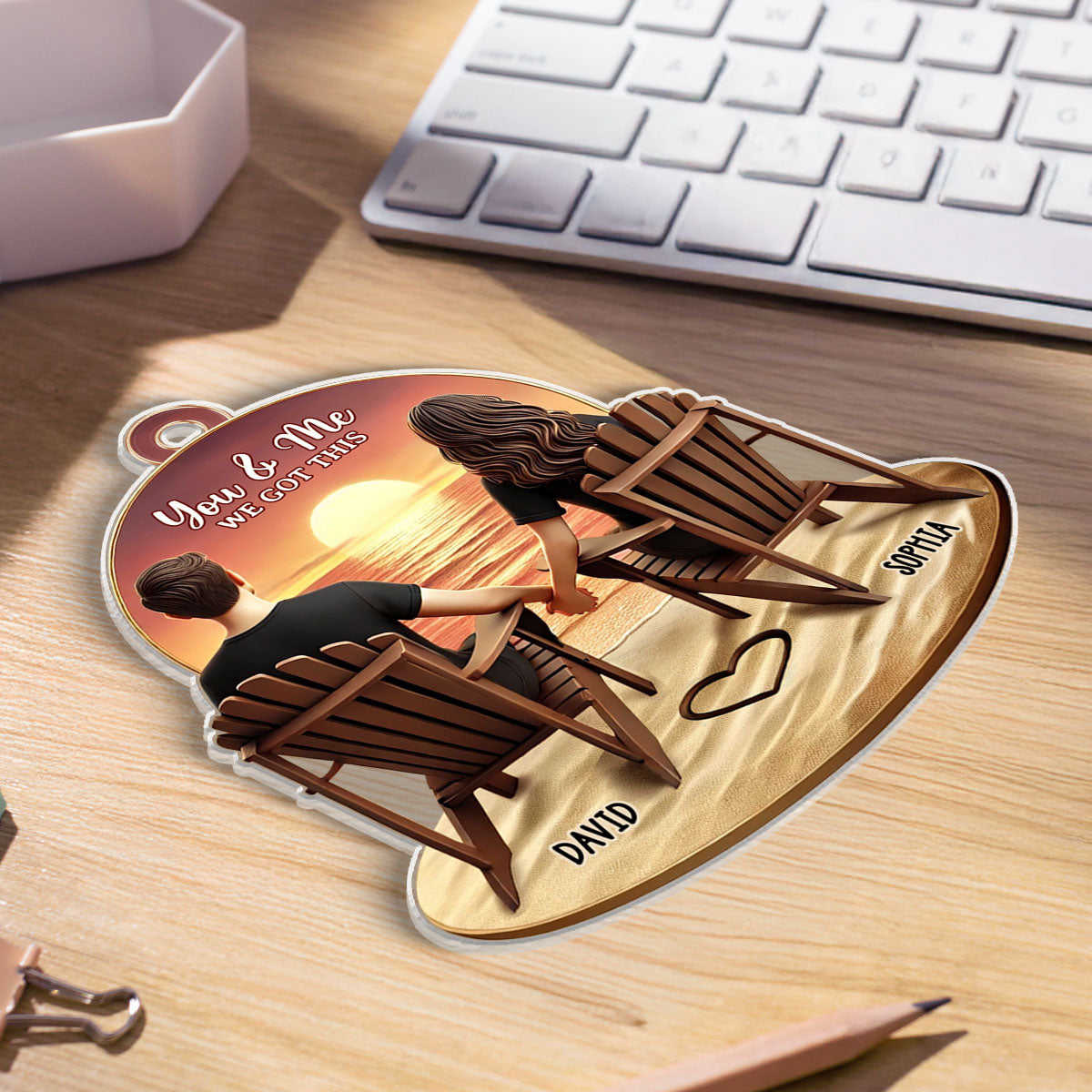 3D Effect Couple Beach Landscape Retro Vintage Personalized Car Hanger, Anniversary Gift For Couple