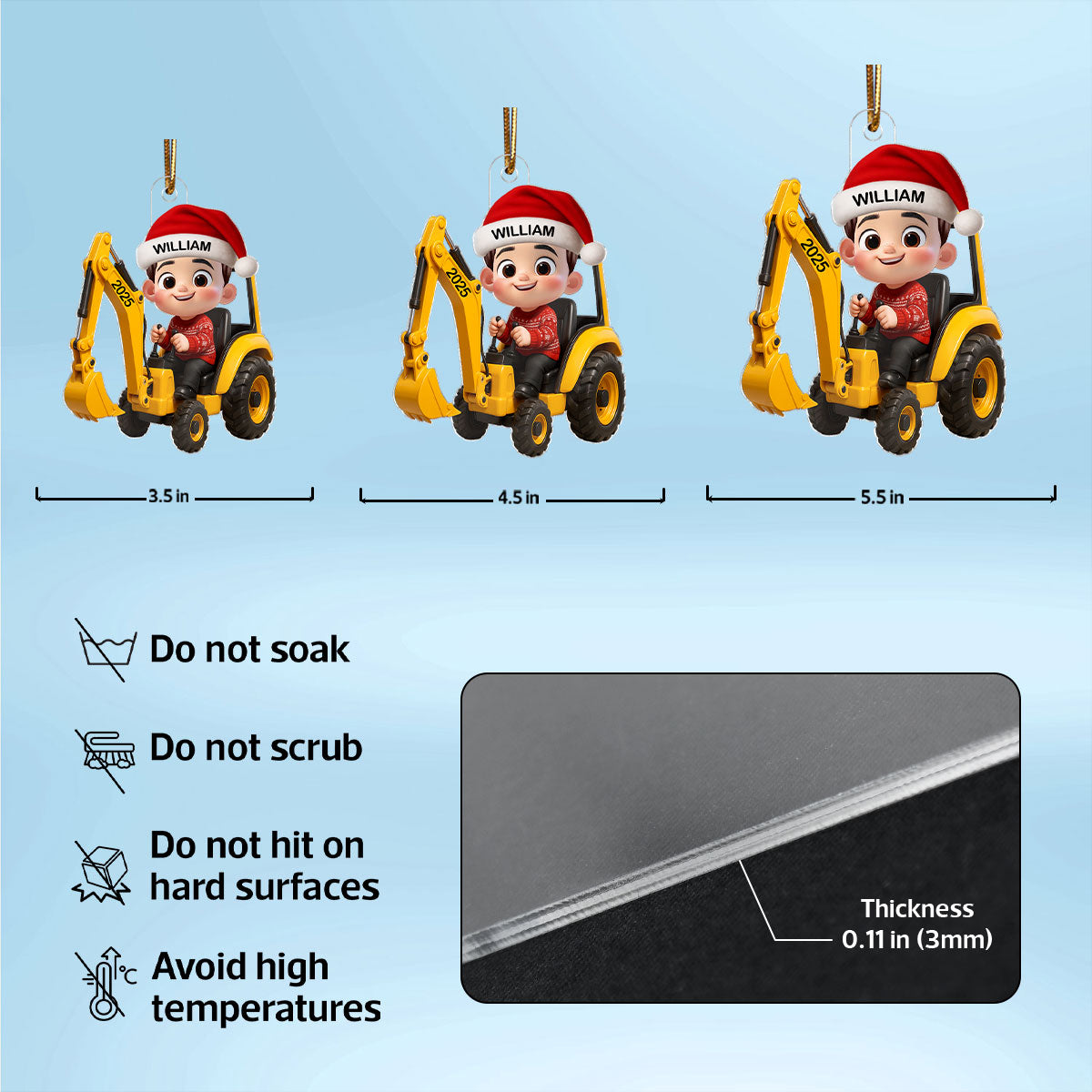 3D Effect Little Boy Kid With Construction Vehicle Excavator Backhoe Tractor Christmas Personalized Acrylic Ornament