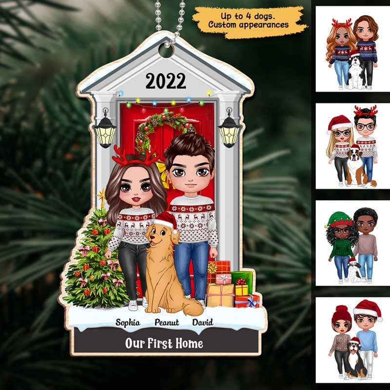 Standing Christmas Couple With Dog Personalized Wooden Ornament