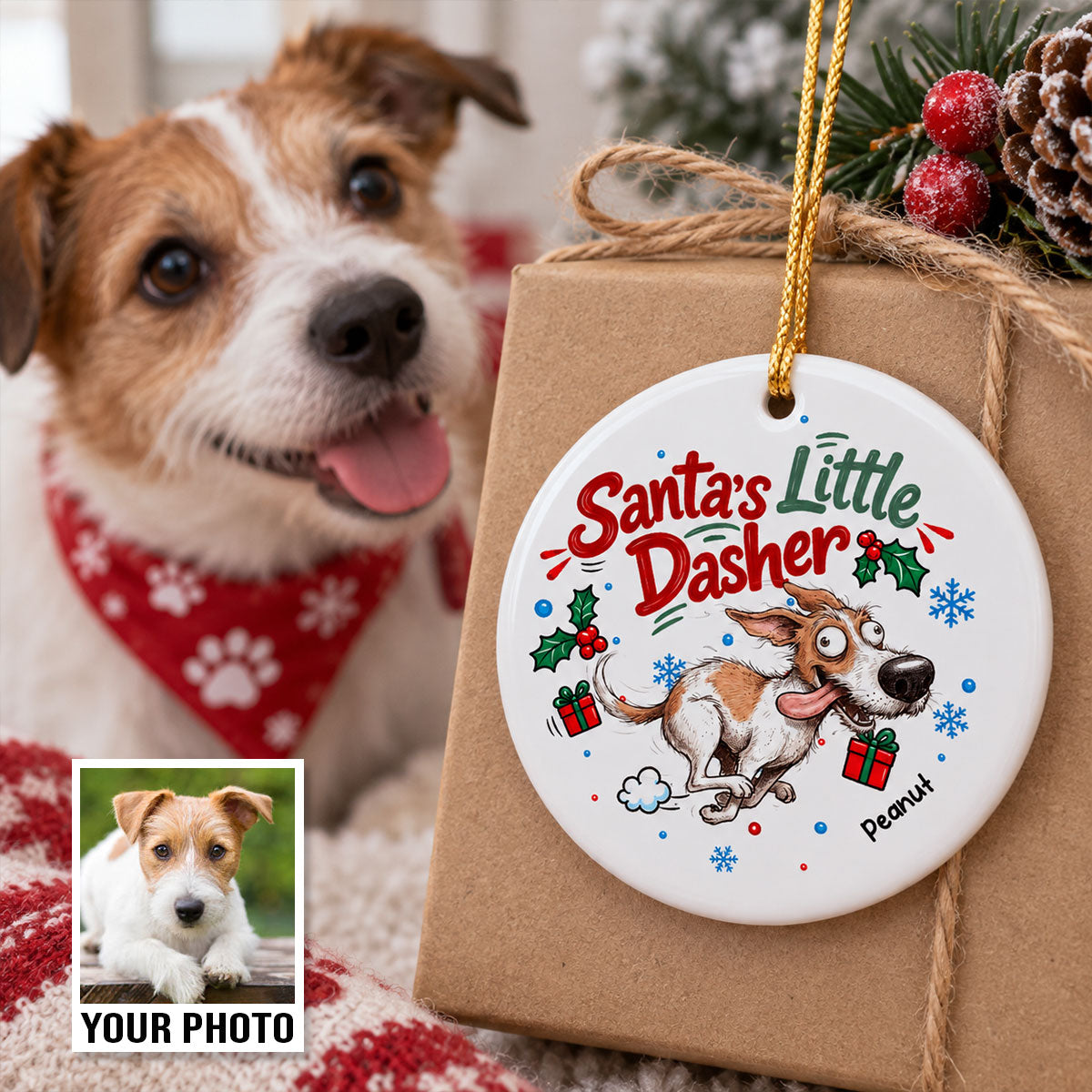 Merry Zoomies Quirky Dog Portrait From Your Custom Pet Photo - Personalized Ceramic Ornament - Funny Christmas Gift For Dog Lover