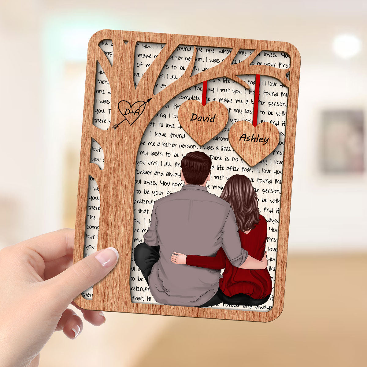 Back View Couple Sitting Under Tree Letters Background Personalized 2-Layer Wooden Plaque