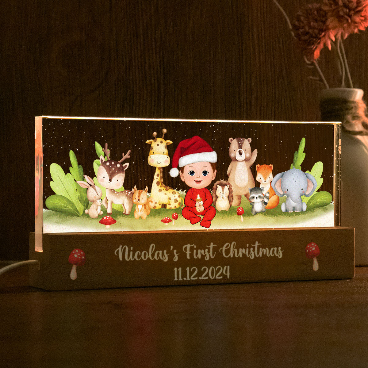 Woodland Animals Baby Christmas Personalized Acrylic Block LED Night Light