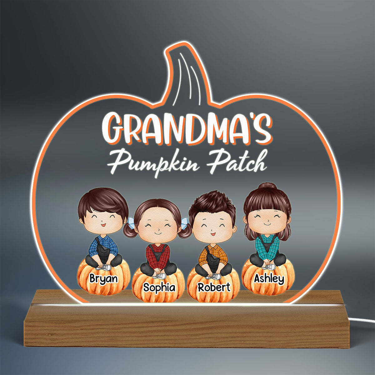 Grandma‘s Pumpkin Patch Watercolor Cute Kids Fall Season Gift Personalized Pumpkin Shaped Acrylic Plaque With Warm LED Night Light
