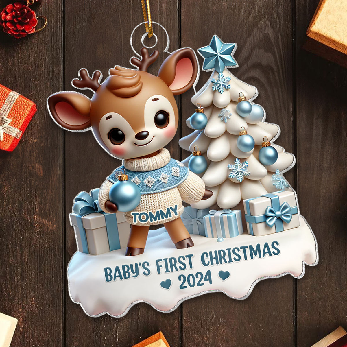 3D Effect Cute Reindeer Baby's First Christmas Personalized Acrylic Ornament, Christmas Gift For Newborns, New Parents