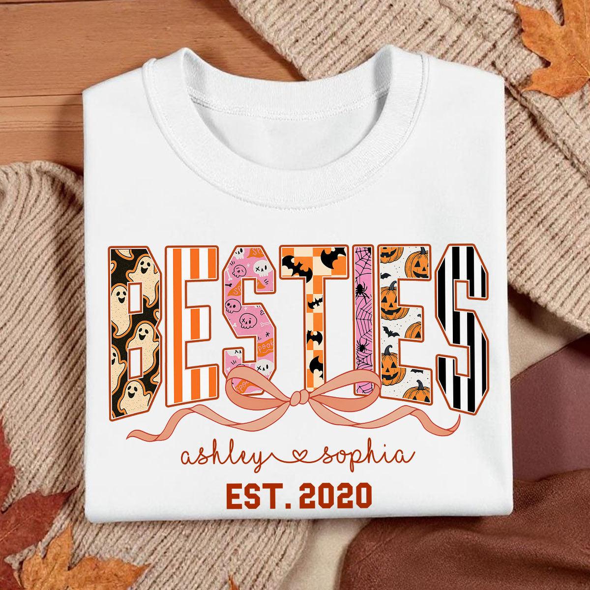 Retro Halloween Spooky Coquette Personalized Matching Besties Sweatshirt, Fall Gift for Besties