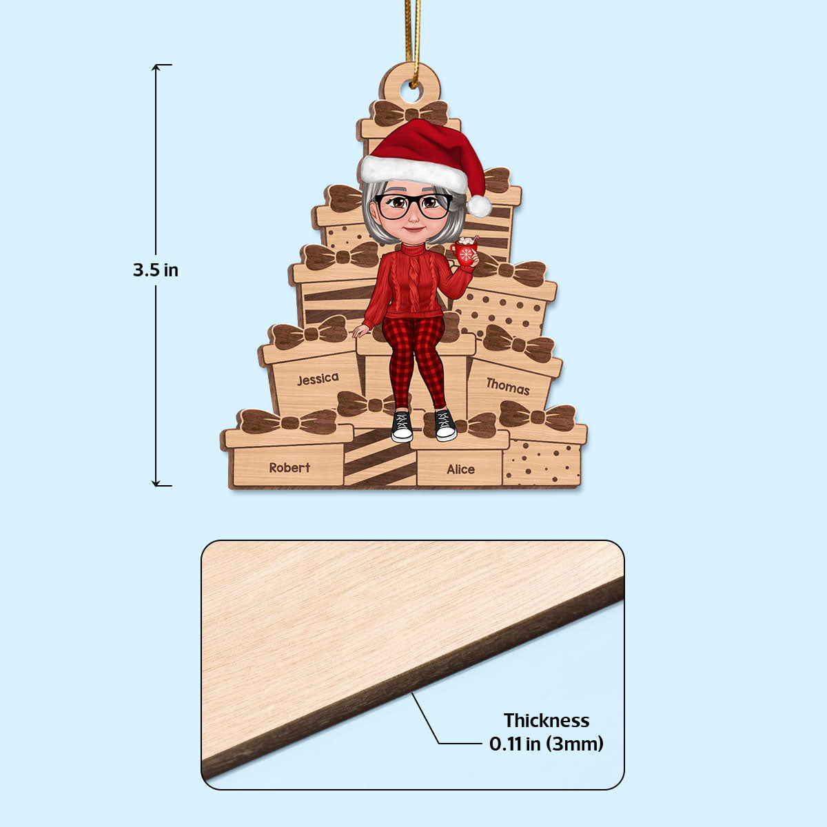 Grandma Mom Sitting On Christmas Gifts Personalized Wooden Ornament