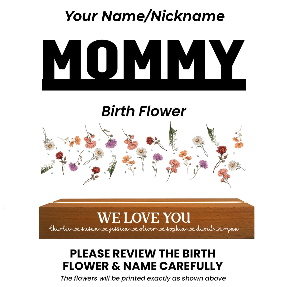 Custom Flower Printed LED Night Light, Birth Month Flower, Gift For Mom, For Grandma, For Wife