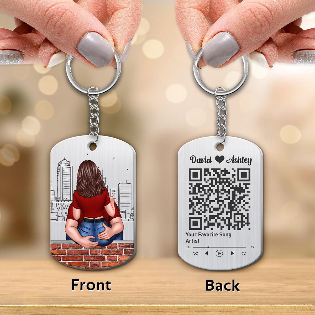 Man Holding Woman Back View Favorite Song QR Code Personalized Metal Keychain