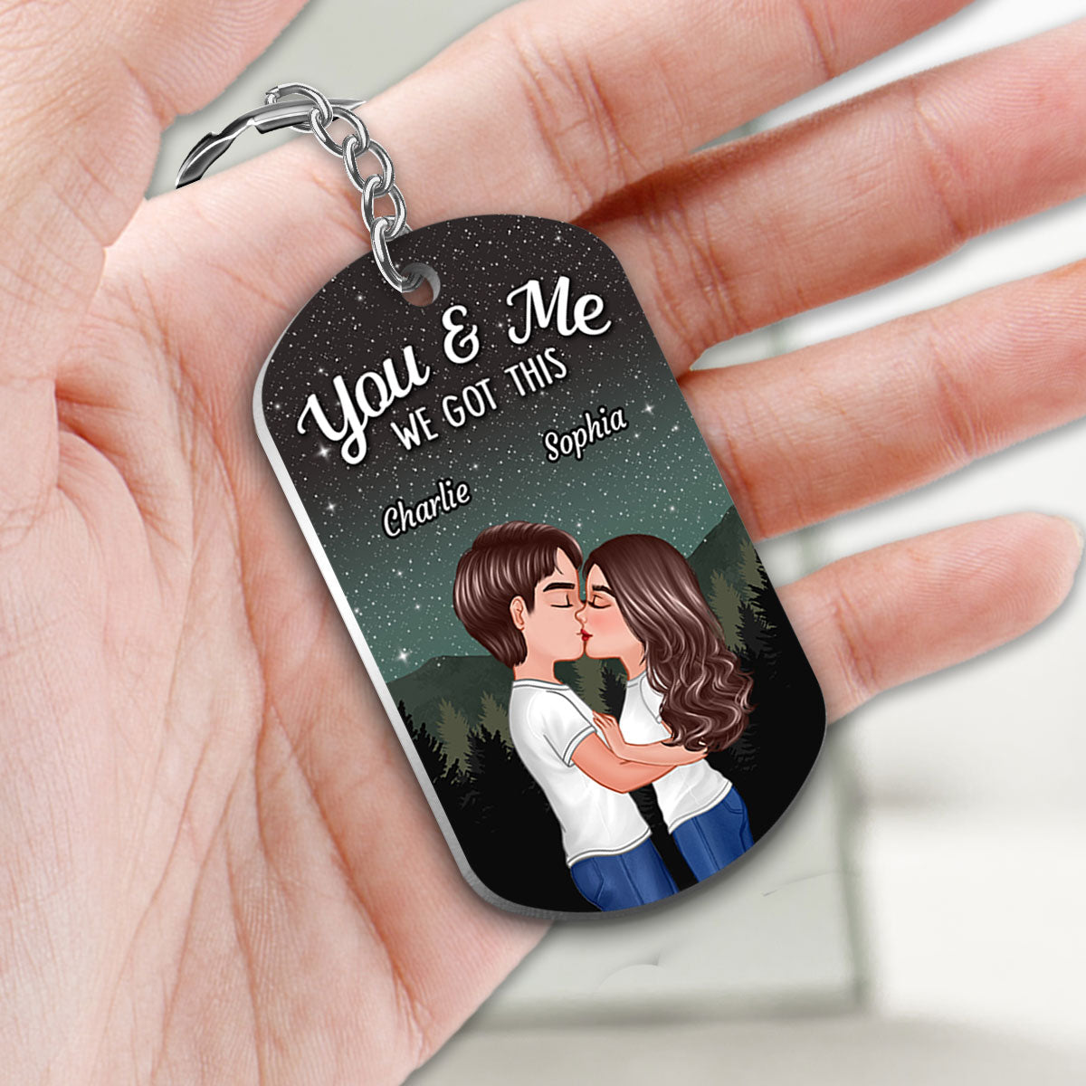 Couple Kissing Under Stars Sky Forest Favorite Song QR Code Personalized Metal Keychain