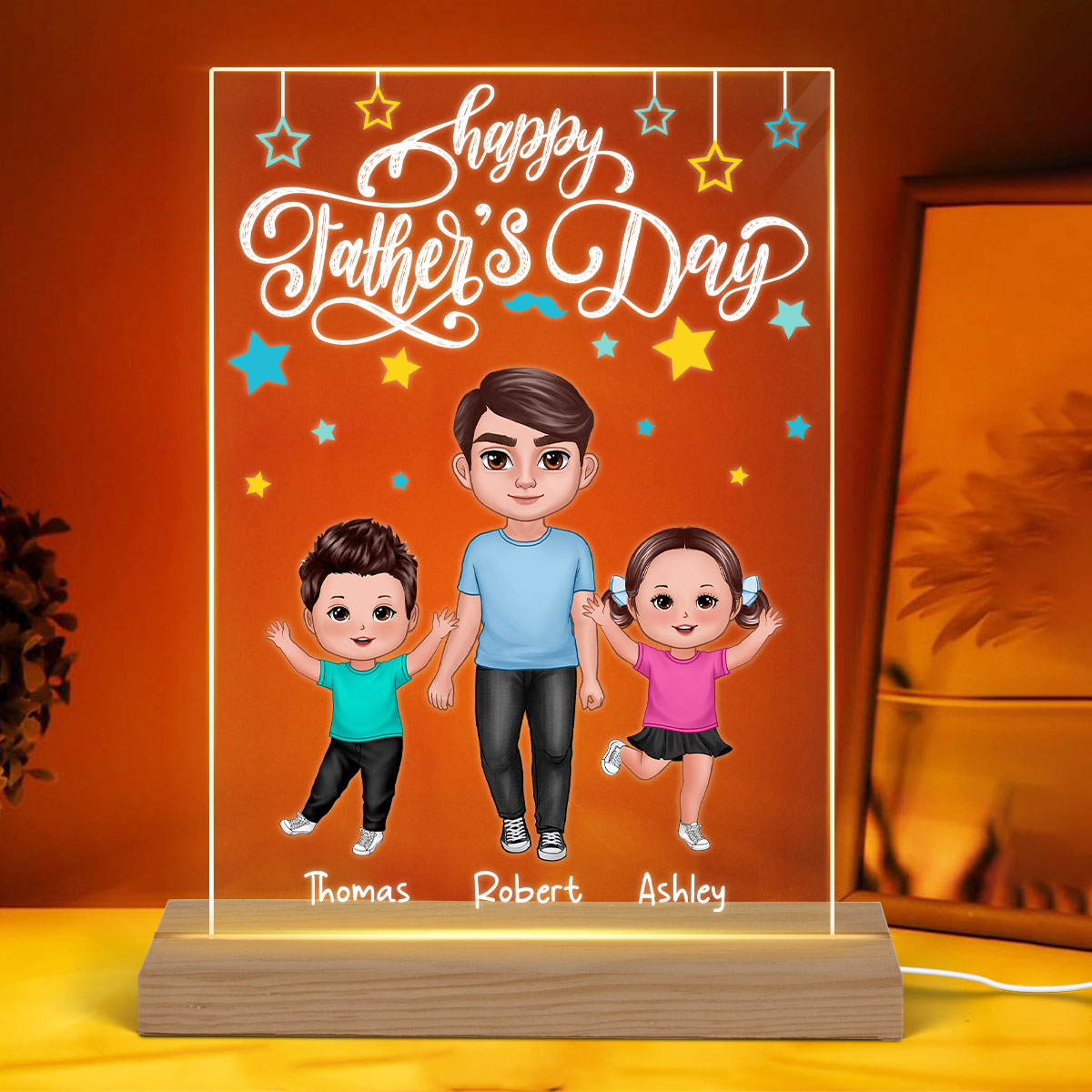 Happy Doll Dad Kids Stars Personalized Rectangle Acrylic LED Night Light
