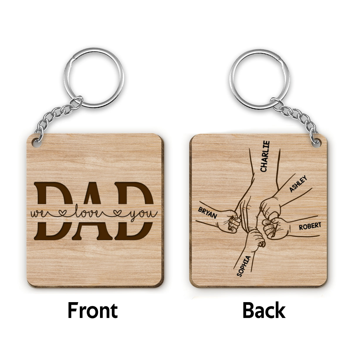 Best Dad Ever Father & Kids Hands Outline Personalized Wooden Keychain