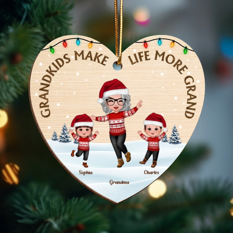 Grandkids Make Life More Grand Happy Grandma Grandkids Personalized Wooden Ornament, Christmas Gift for Grandma, Grandkids