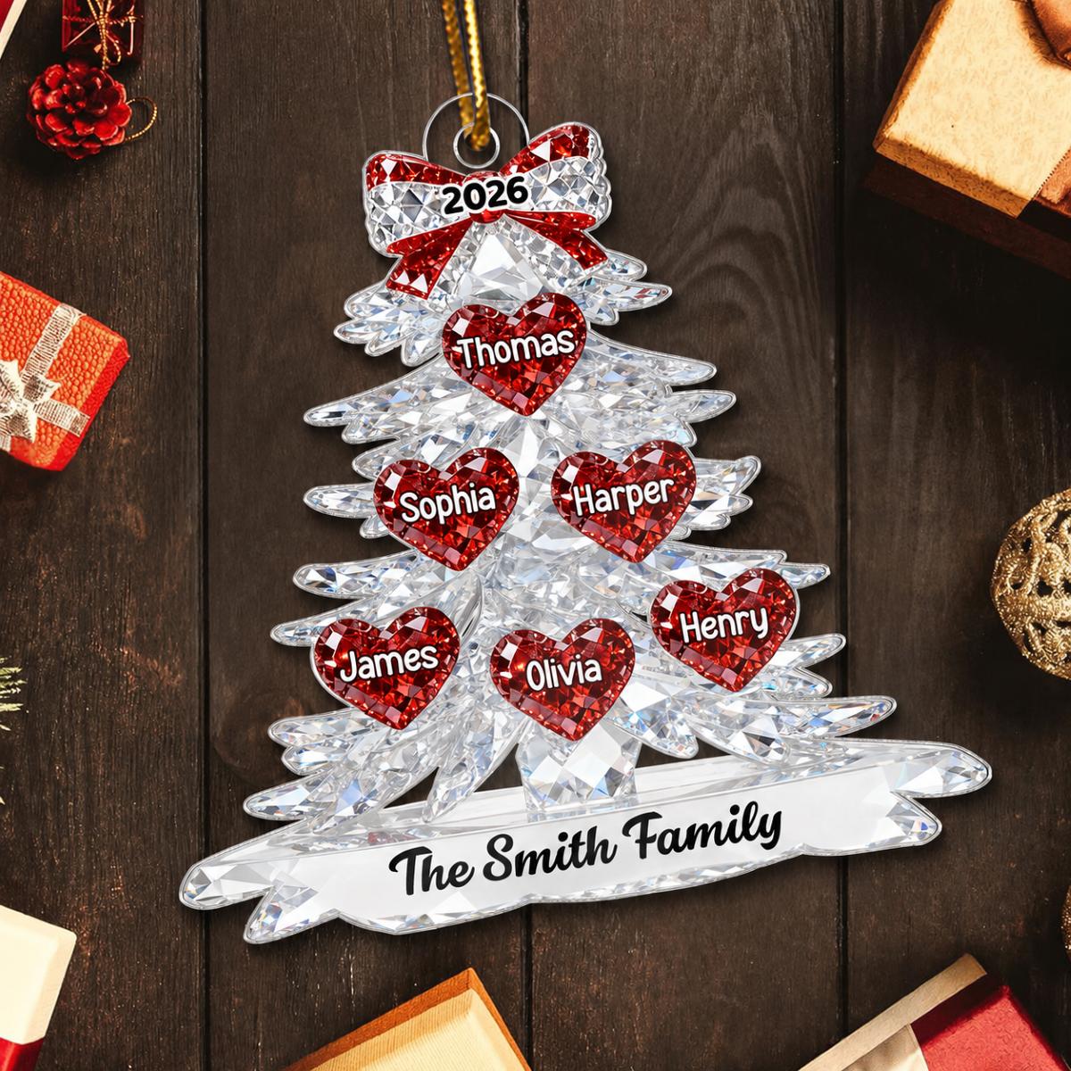 3D Effect Flat Family Christmas Tree Hearts Names - Personalized Acrylic Ornament - Gift For Family