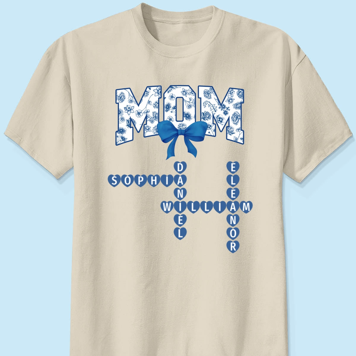 Grandma Mom Mimi Nana Gigi Floral Toile Blue Flower Grandkids Names Crosswords Personalized Shirt