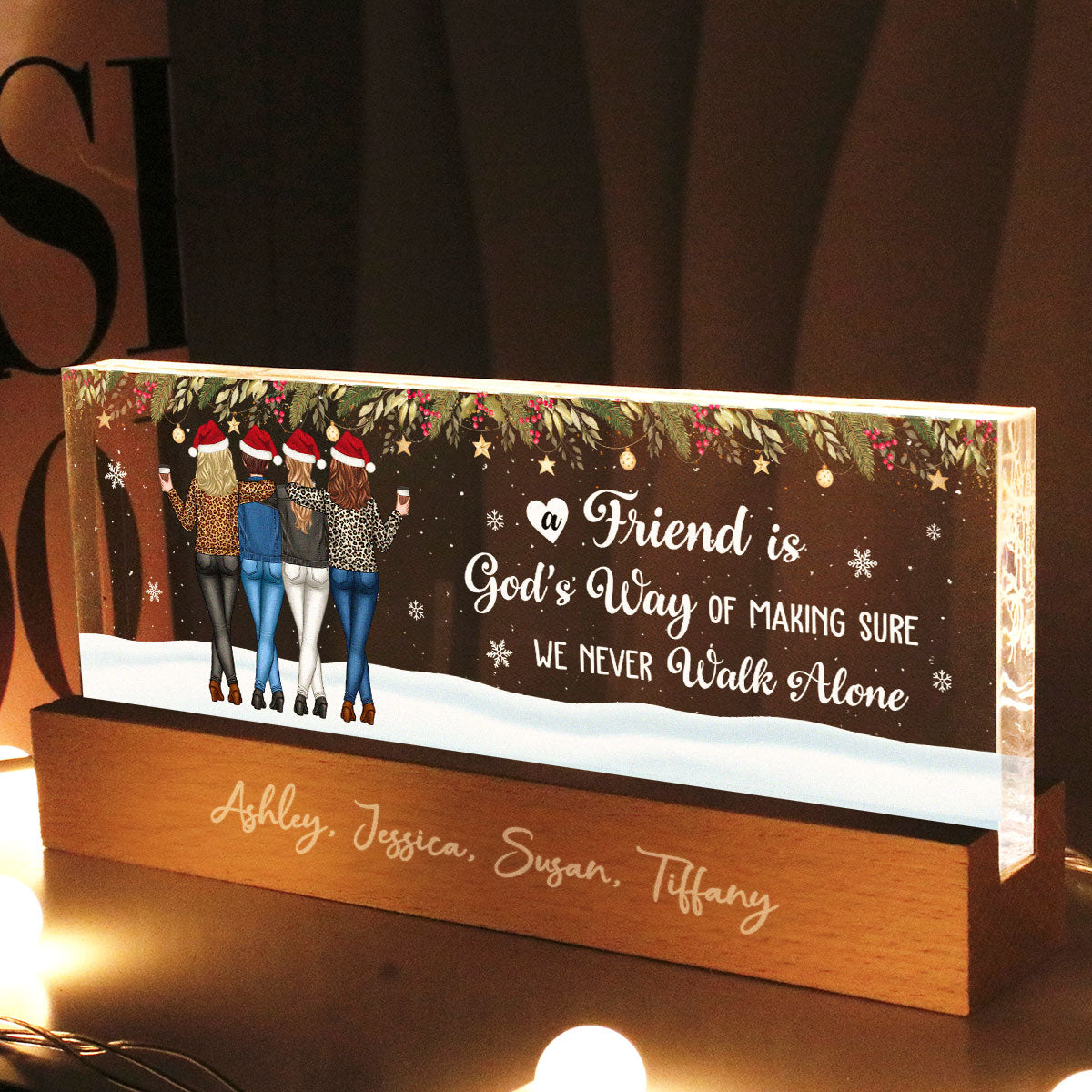 Christmas Friends Standing In Snow Personalized Acrylic Block LED Night Light