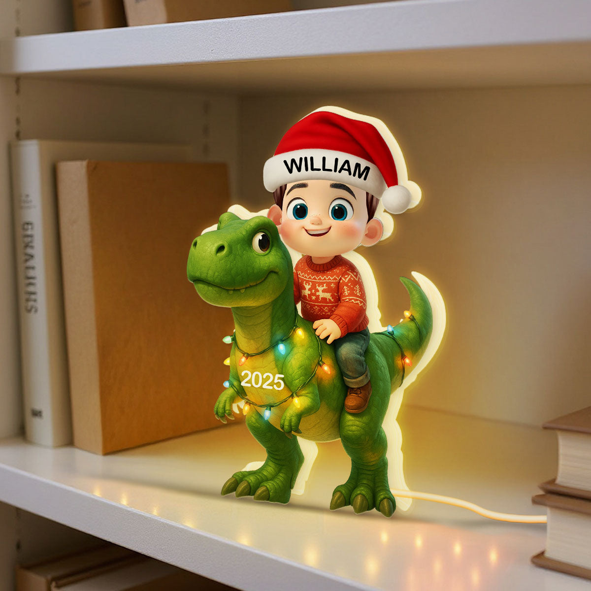 3D Effect Cute Cartoon Kid With Dinosaur Christmas Personalized LED Light Box
