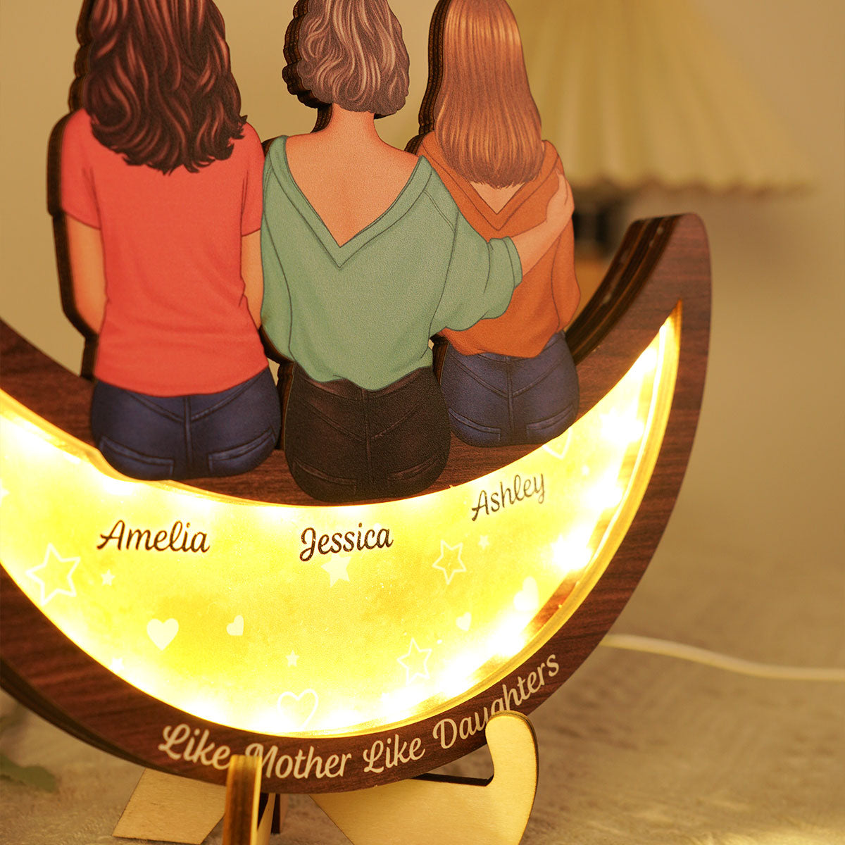 Mother Daughters Sitting On Moon Personalized 2-Layered Wooden Plaque With LED, Mother's Day gift for Mom for Daughters