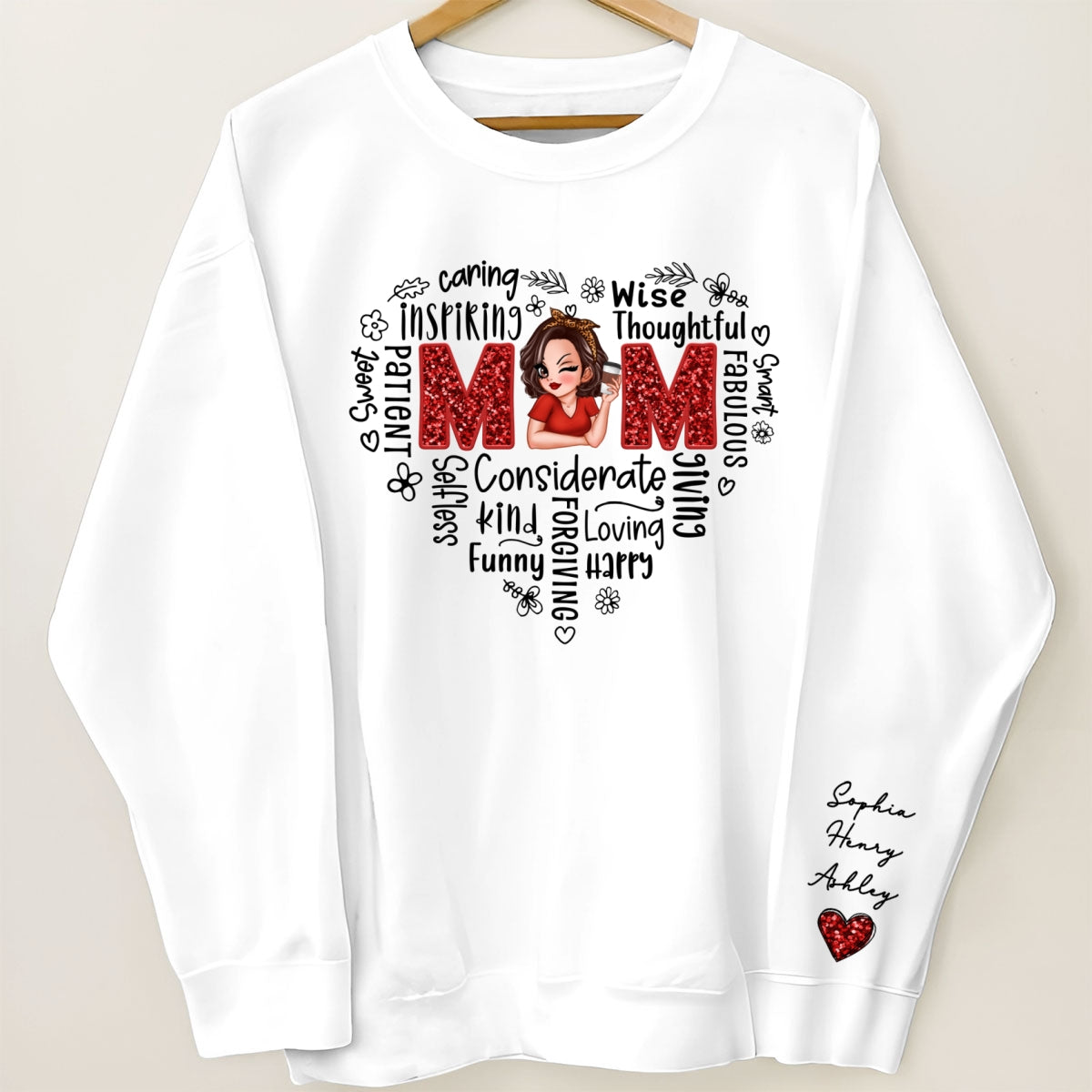 Mom Word Art Pretty Woman With Kids Names On Sleeve Personalized Sleeve Printed Sweatshirt