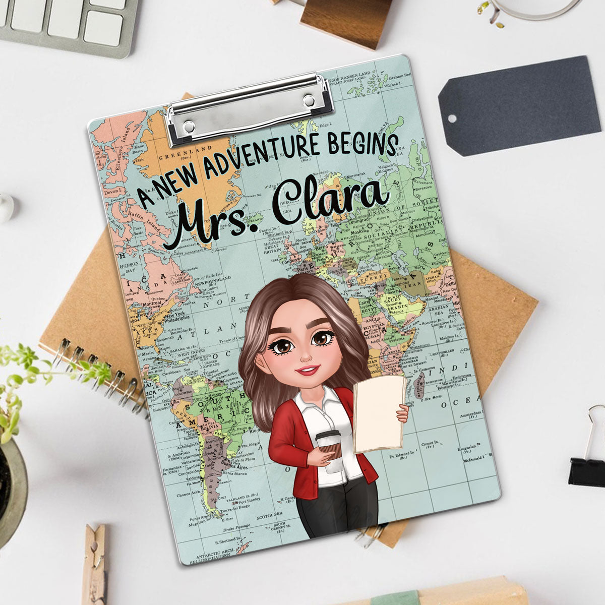 World Map Adventure Themed Teacher Personalized Clipboard, Back To School Gift For Teacher, Colleagues