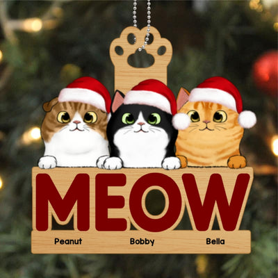 Fluffy Cats Meow Christmas Personalized Wooden Ornament
