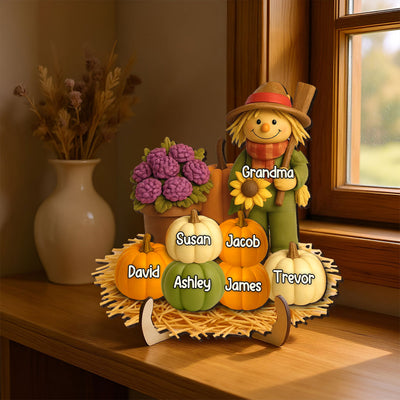 Fall Scarecrow Grandma with Pumpkins Grandkids Names 3D Effect - Personalized 2-Layered Wooden Plaque