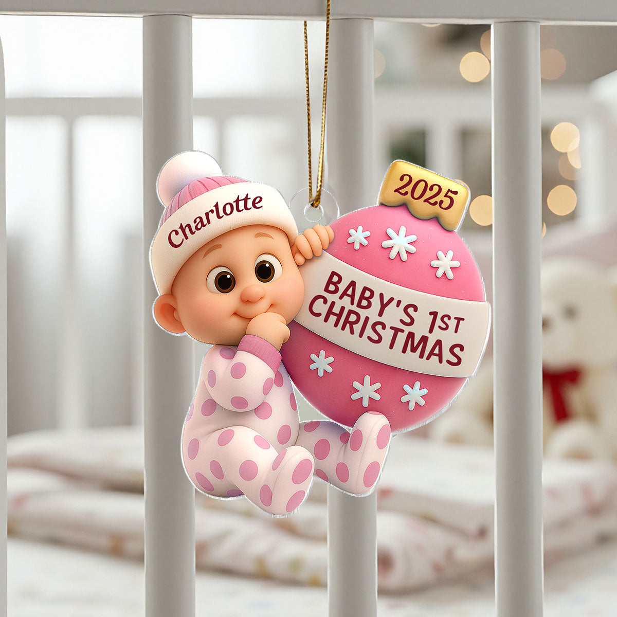 3D Effect Cute Cartoon Baby Beside Christmas Bauble Baby's 1st Christmas Personalized Acrylic Flat Ornament