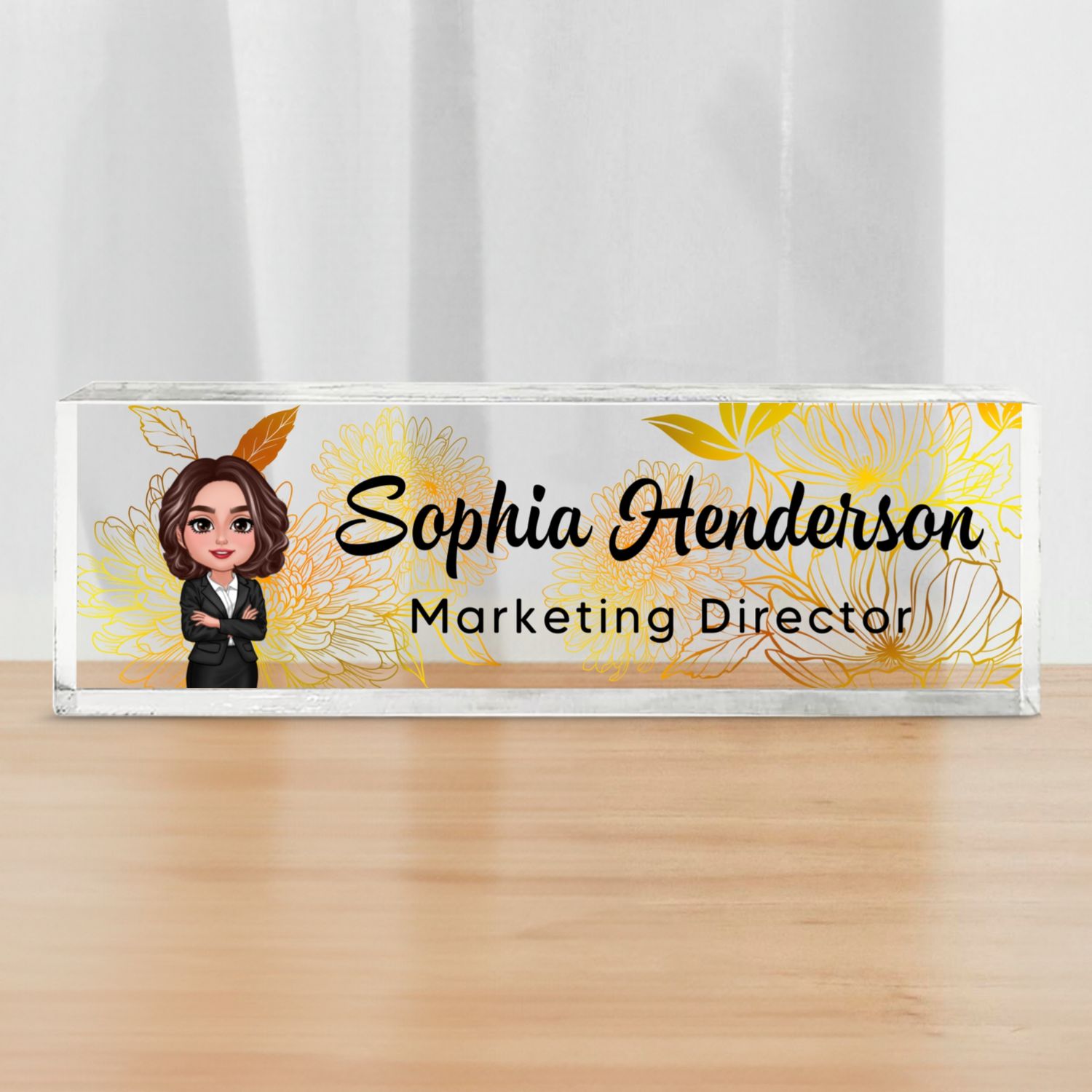 Floral Line Art Woman Man Office Personalized Desk Name Plate| Unique Gift For Colleagues, Boss