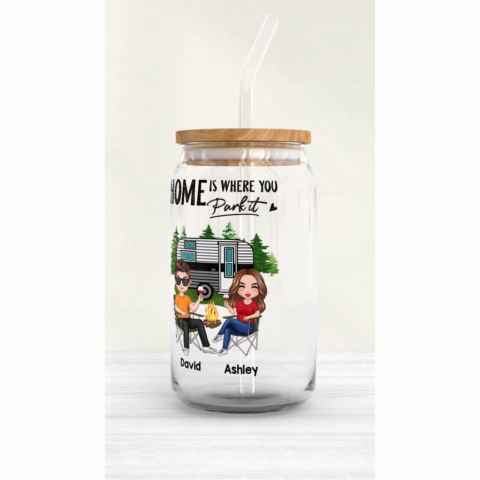 Doll Couple Camping Personalized Clear Glass Can