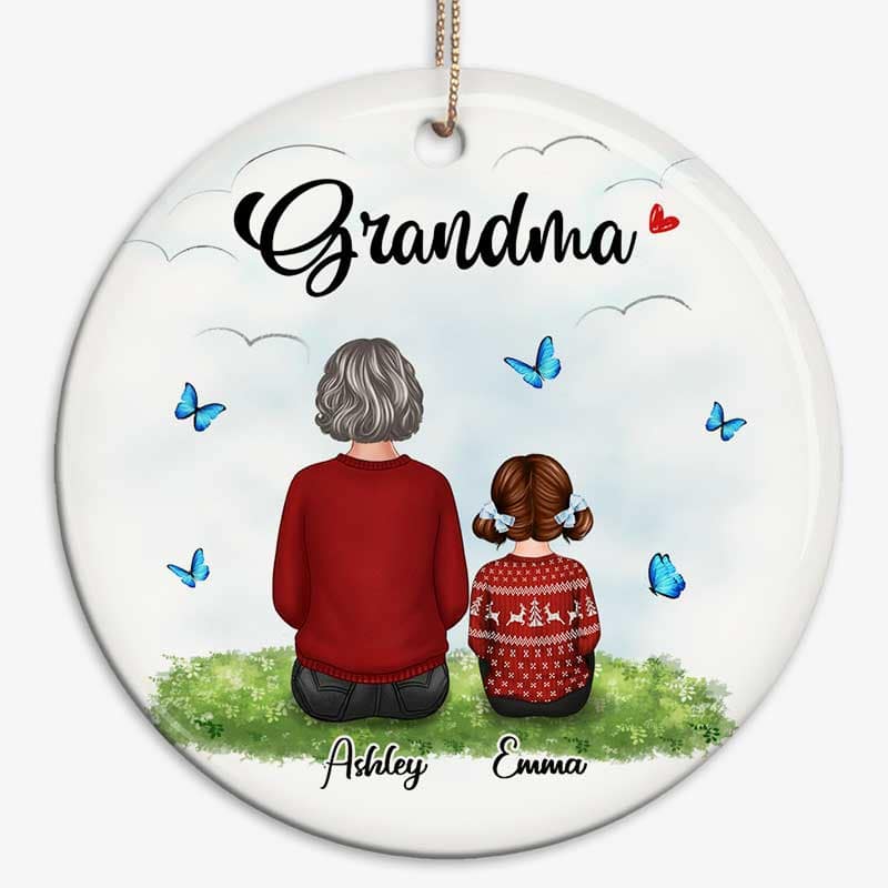 Grandma Grankids Back View On Grass Personalized Circle Ornament