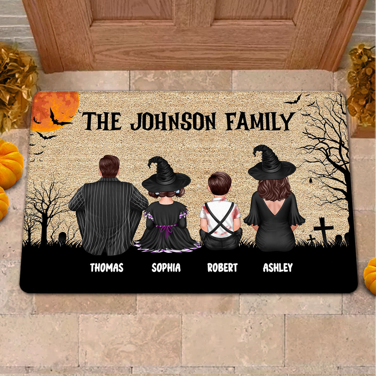 Welcome To Our Family Halloween Back View Couple Family Kid Dog Cat Personalized Doormat