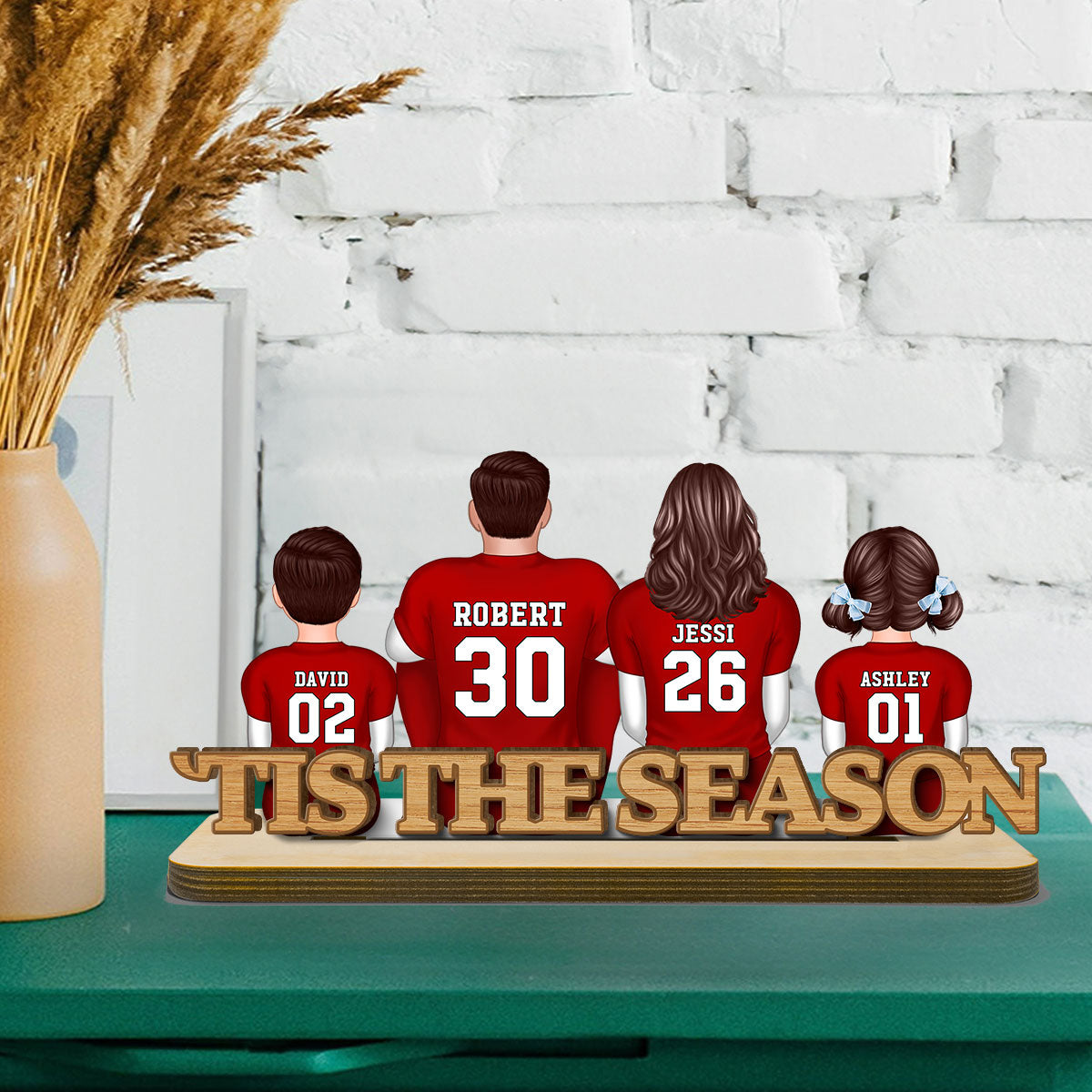 Fall Season Football Family Sitting Back View Personalized 2-Layer Standing Wooden Plaque