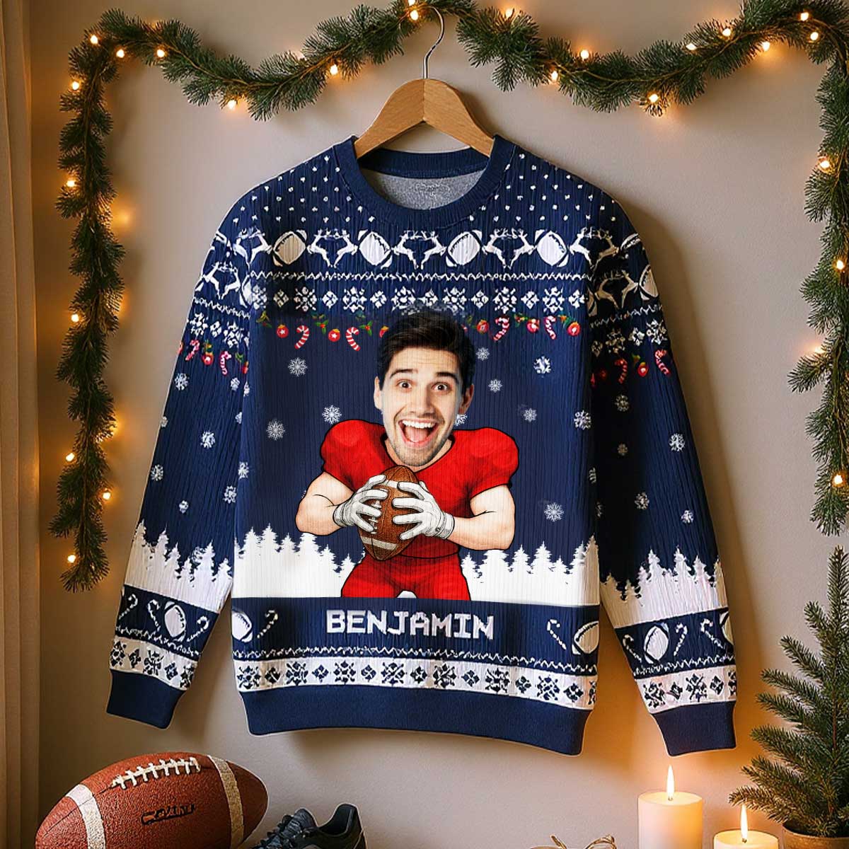 American Football Player Custom Face Photo Personalized Faux Knitting Christmas Ugly Sweater