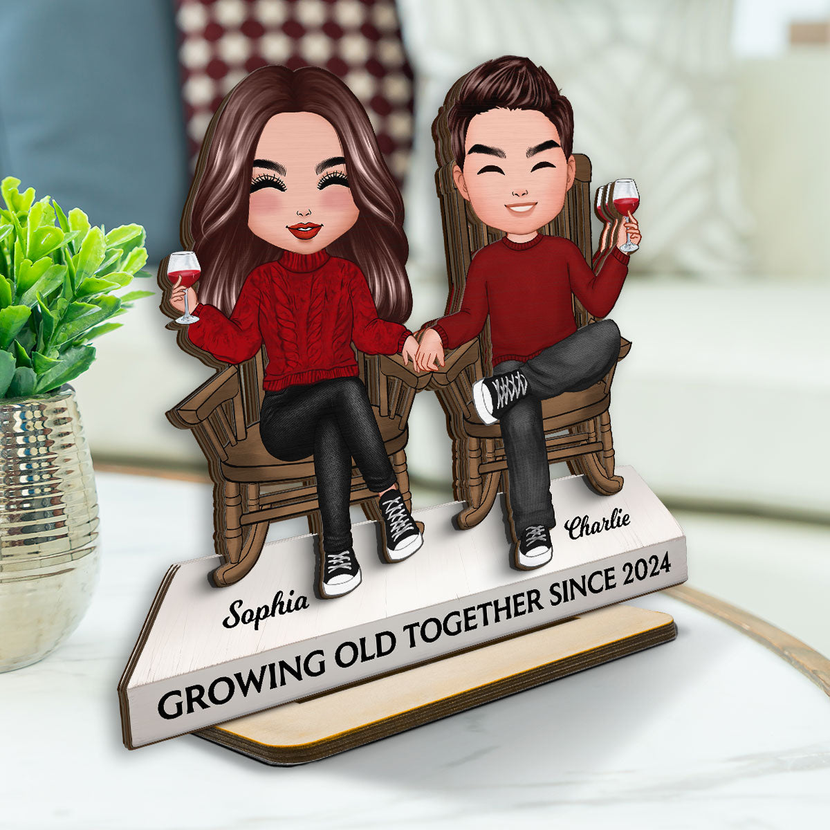 Couple Sitting On Rocking Chairs Personalized 2-Layer Standing Wooden Plaque, Heartfelt Gift For Couple, For Him, For Her, Husband, Wife