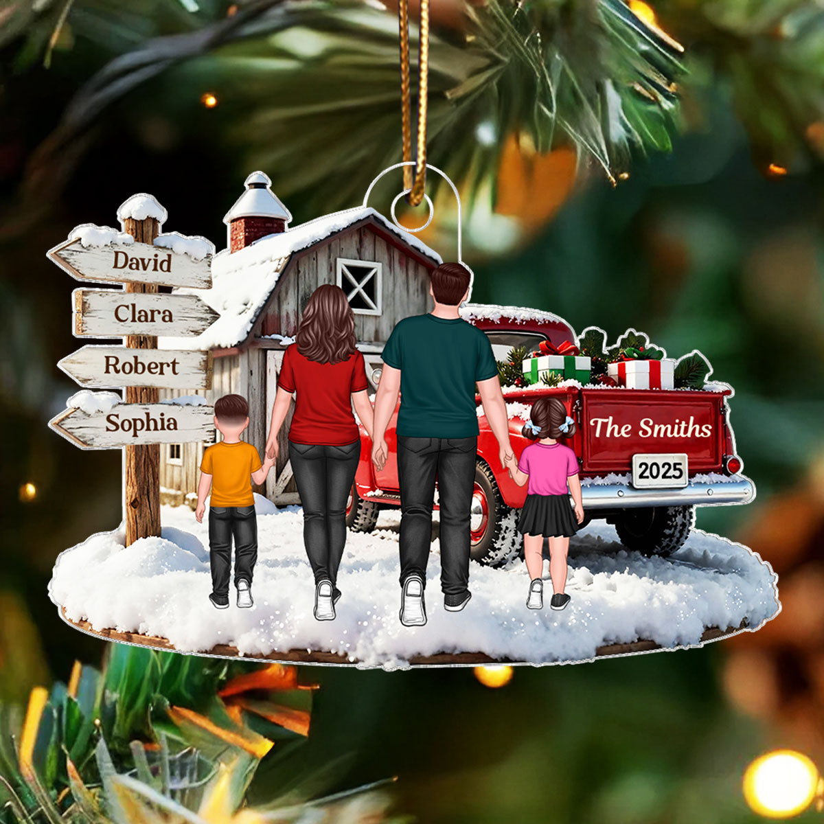 Christmas Truck Barn House Family Sign Post - Personalized Acrylic Ornament - Christmas Gift For Family