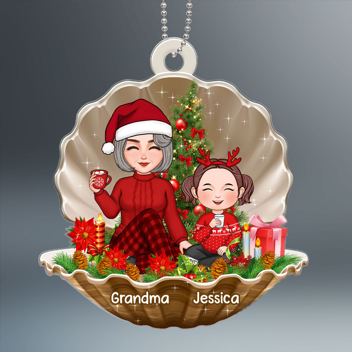 Cute Grandma Grandkids In Pearl Shell Personalized Christmas Acrylic Ornament