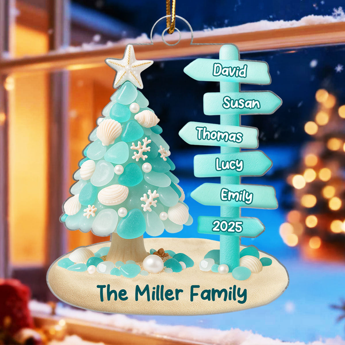 Family Direction Sign Post Sea Glass Pattern - Personalized Acrylic ornament - Christmas Gift for Family, for Her, for Him