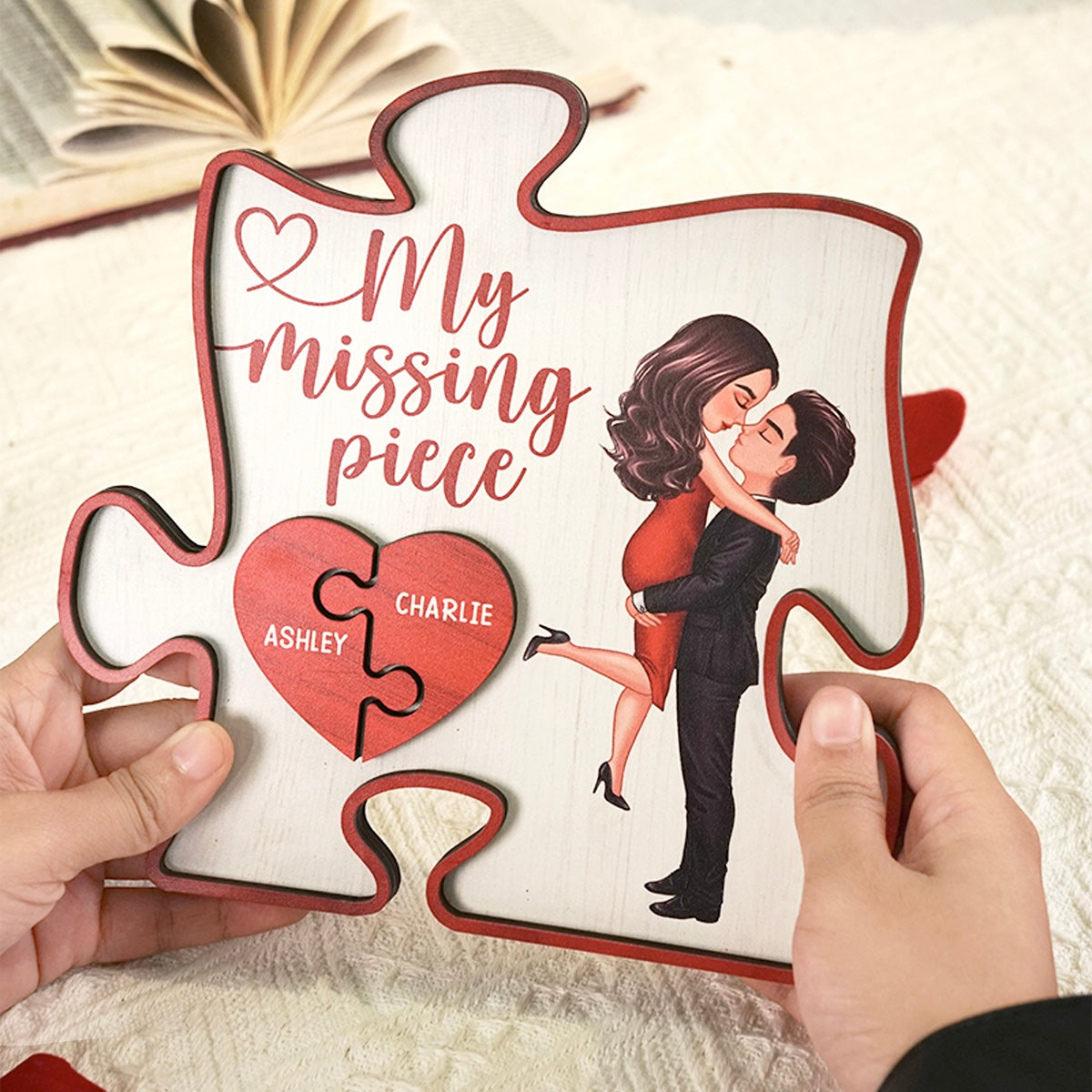 My Missing Piece Couple Hugging Kissing Red Puzzle Shaped Personalized 2-Layer Wooden Plaque, Anniversary Gift,  Gift