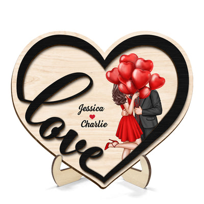 Couple Love Heart Elegant Kissing Personalized 2-layer Wooden Plaque